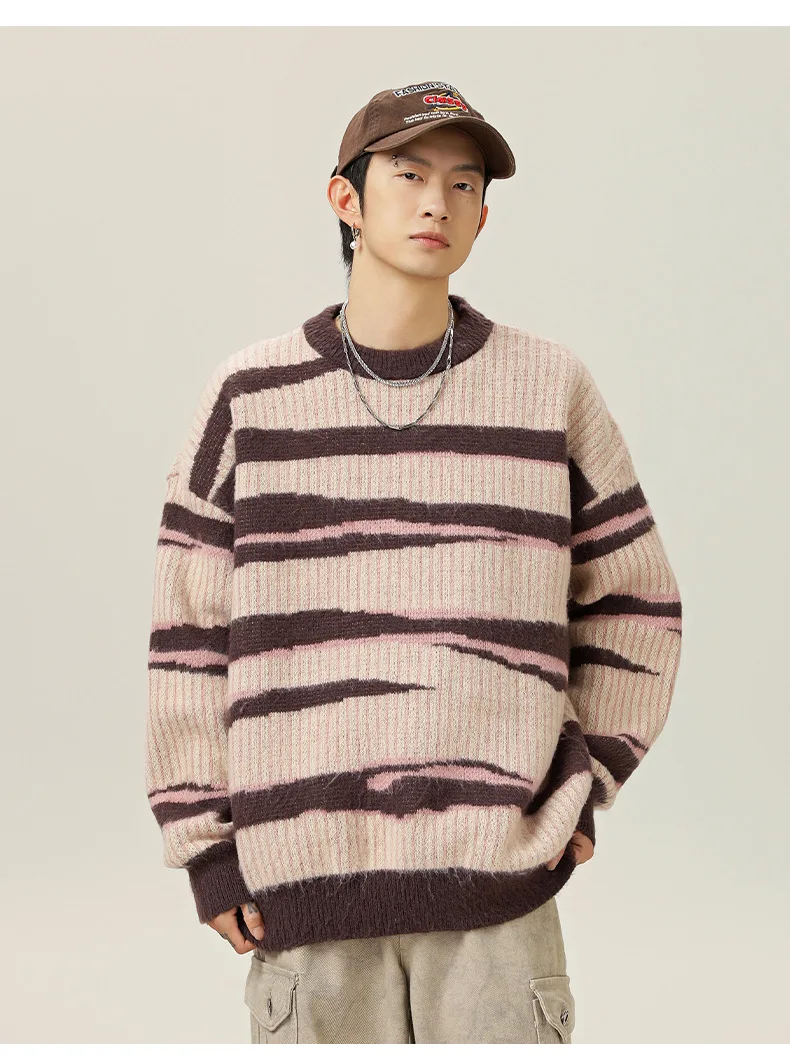 Irregular Contrast Pattern Sweater Autumn Winter New Japanese Retro Imitation Deer Plush Lazy Striped