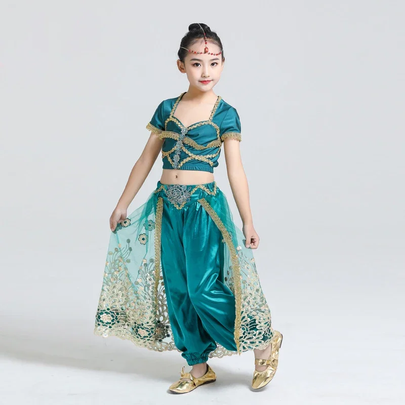 Sari Dancewear Kids Indian Outfits Bollywood Clothing Children Belly Dance Costume Set 3pcs (Top Pants Headdress)