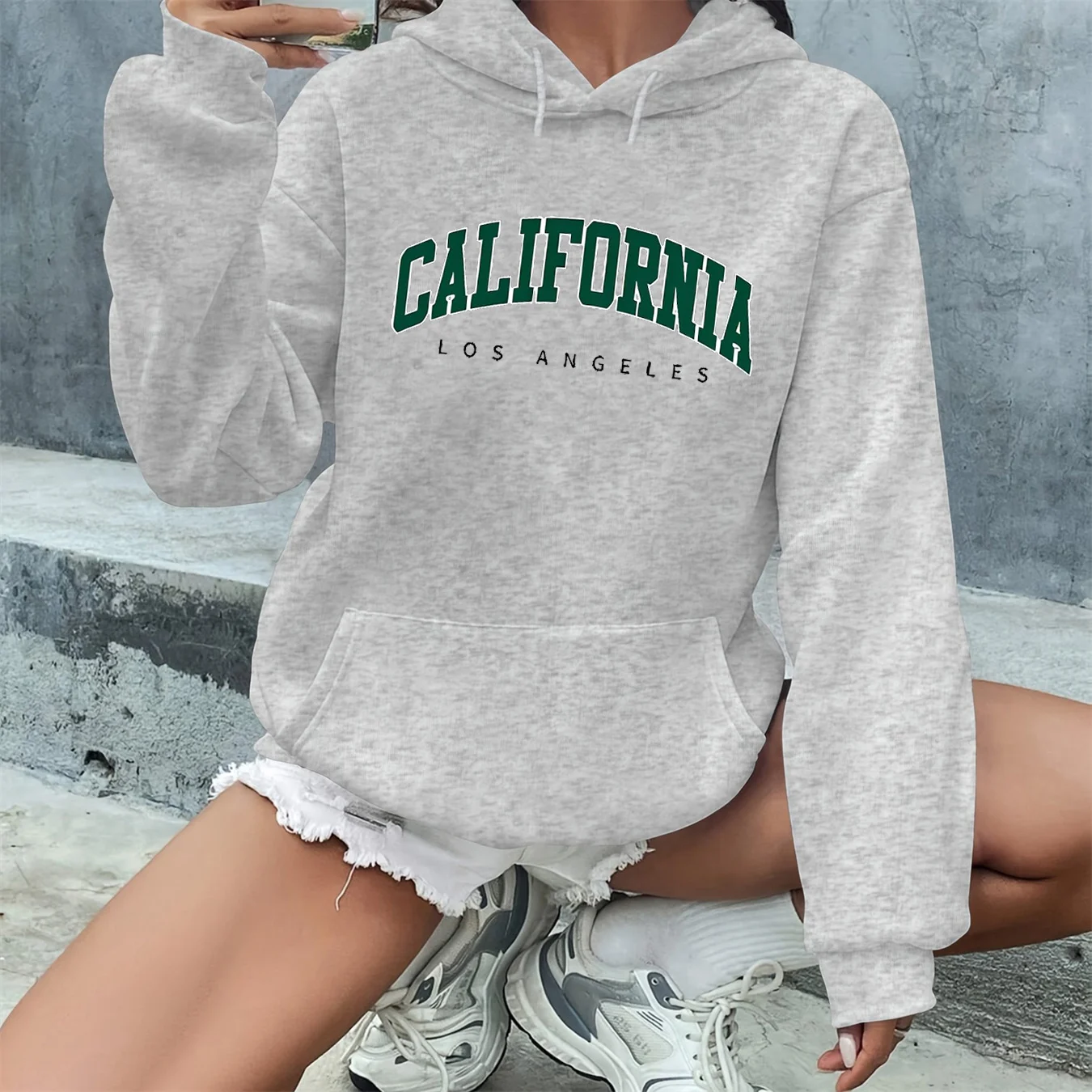 سترة نسائية للخريف والشتاء دافئة وفضفاضة كاجوال بنمط كاليفورنيا لوس أنجلوس مطبوعة من جلد الغزال بأكمام طويلة وغطاء للرأس #5