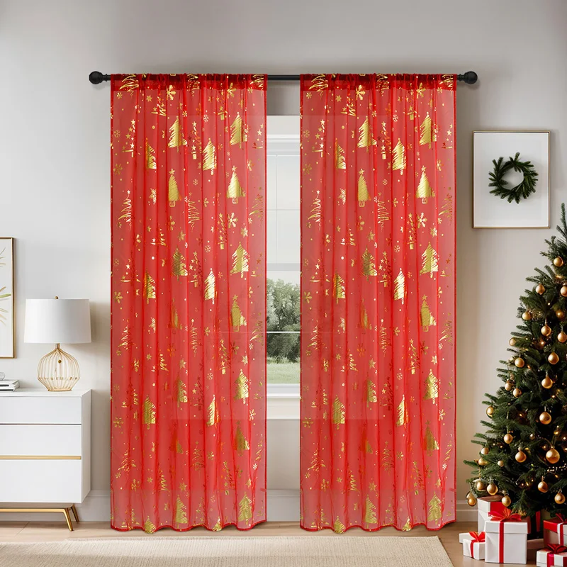 

Christmas Sheer Curtains for Living Room Snowflake Gold Foil Print Sheer Curtain Rod Pocket Window Drapes Decoration for Bedroom