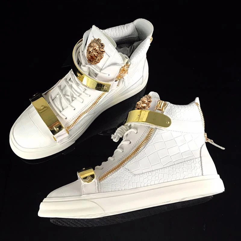 

New women's shoes, high-top boots, genuine leather crocodile print couple double-buckle casual board shoes, men's shoes