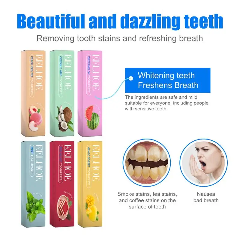 Whitening Toothpaste for Stain Removal Multi Flavor Clean Teeth Enamel Safe Freshens Breath Morning Night Usage