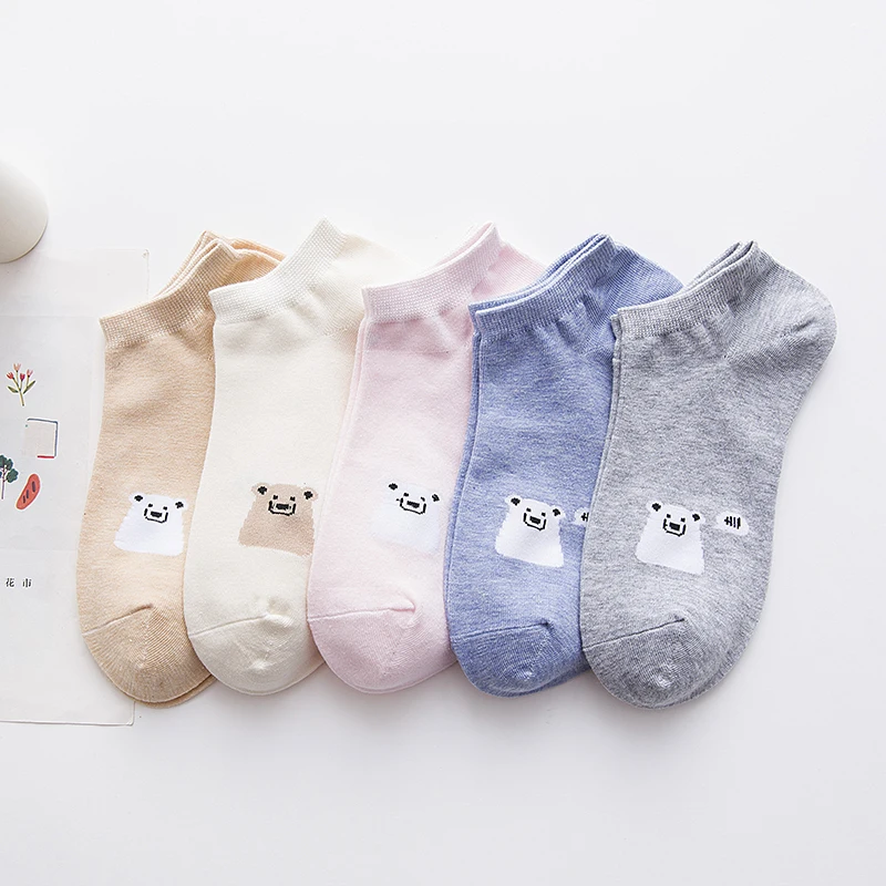 

5 Pairs Women Socks Harajuku Print Short Socks Female Cute Cartoon Polar Bear Solid Colors Casual Cotton Breathable Ankle Socks