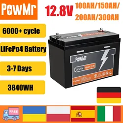 100AH 150AH 200AH 300AH LiFePO4 Battery 12.8V 3KW BMS Lithium Battery 6000+ Cycles RV Solar Home Energy Storage Grade A Free Tax