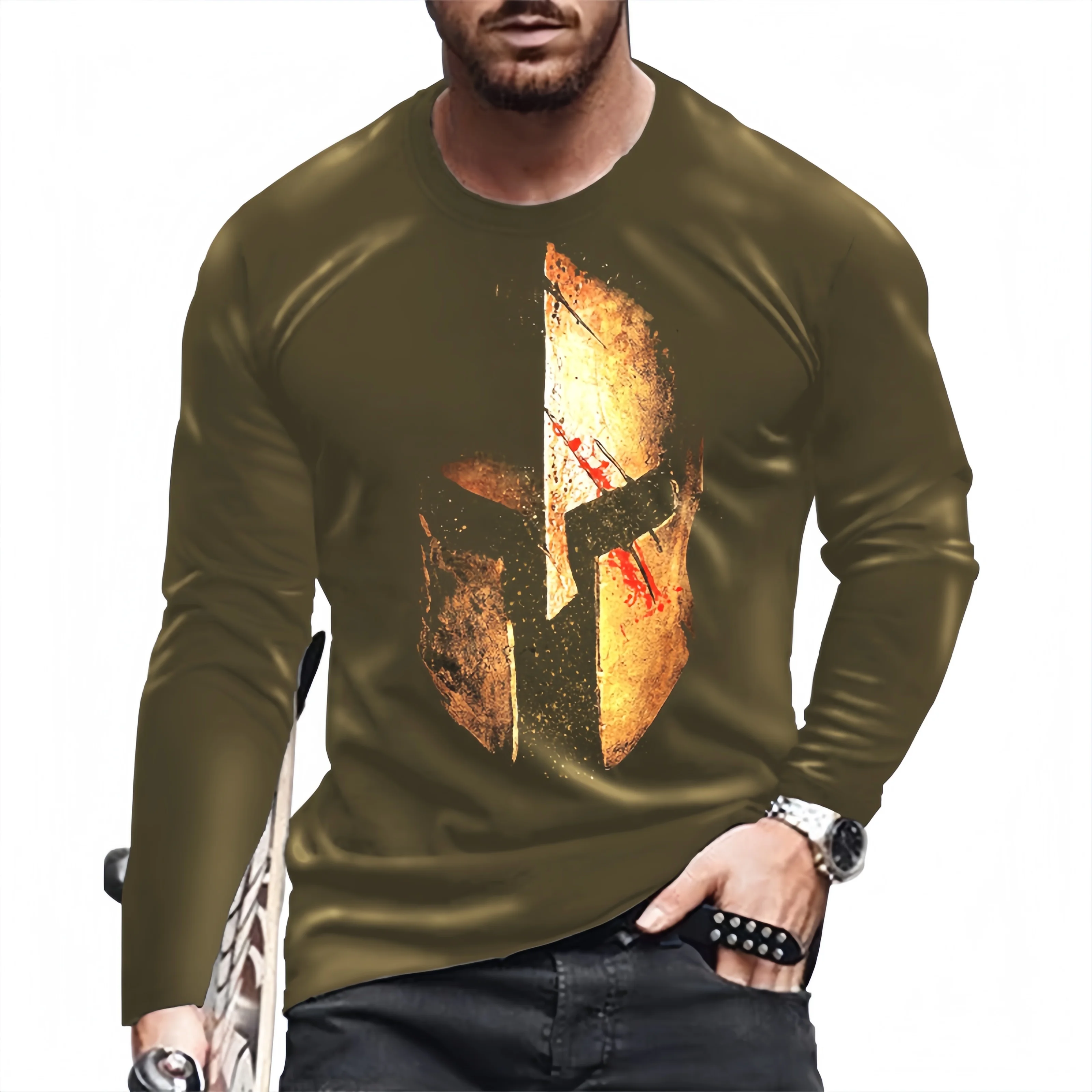 

Men's Golden Helmet Graphic 3D Printed T-shirt Autumn Casual Loose Comfortable Long Sleeve T Shirts Vintage Street Man Pullover