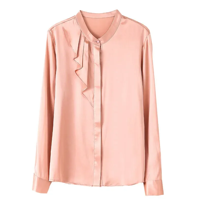 

Elegant Pink Pure Silk Blouse for Women, Runway 0-Neck Ruffle, Long Sleeve, Pullover Fashion, High End Soft Chic Shirt, Early Au