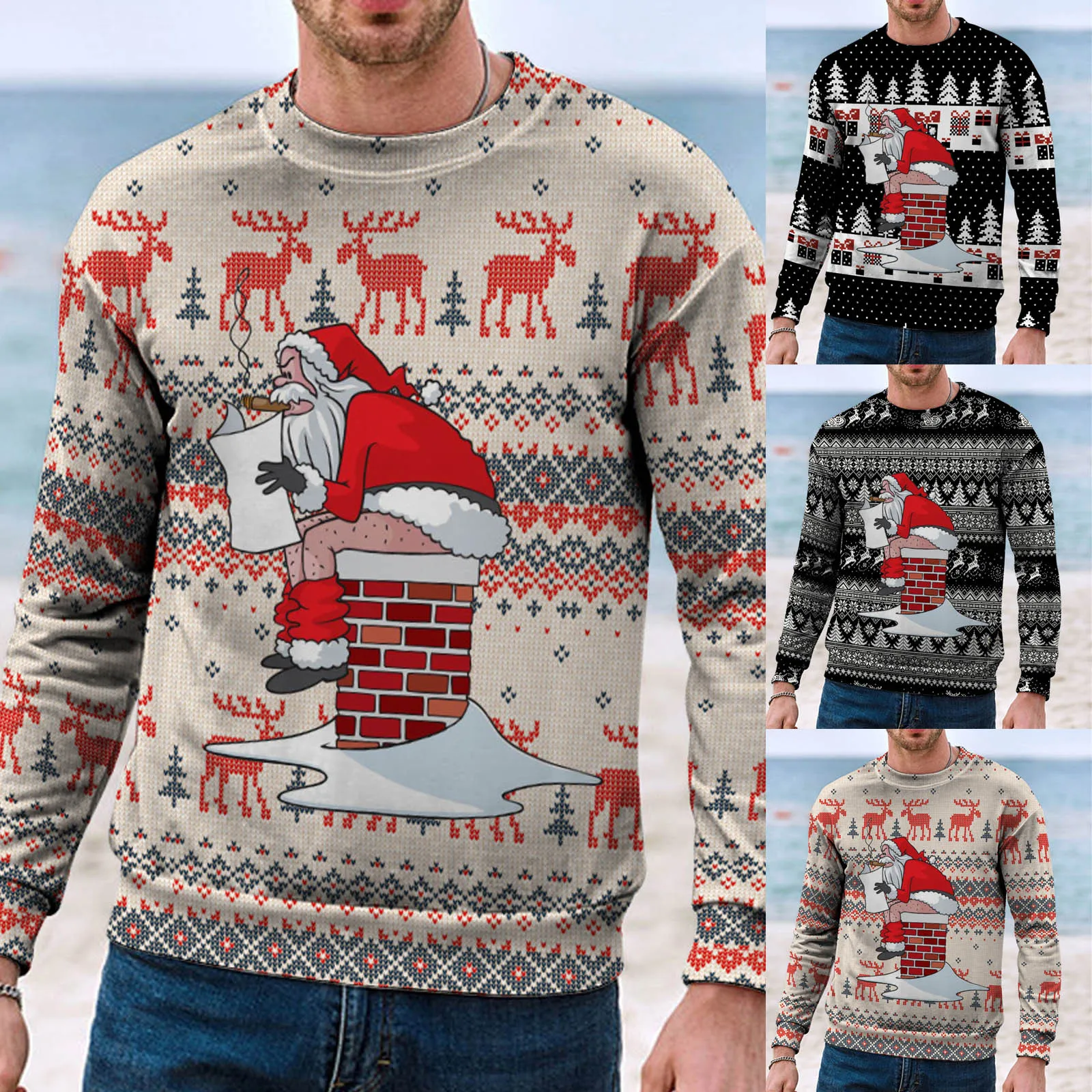 

Men Women Winter Christmas Blouse Top Warm Stylish Print Long Sleeved Sweatshirt Casual Sportswear Retro Windproof