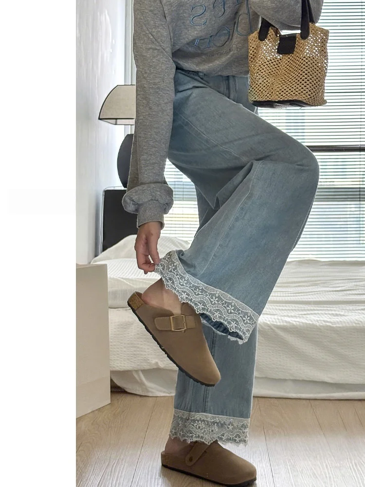 

Blue Lace Trim High Waist Wide Leg Jeans Women Loose Fit Pear Shape Body Slimming Denim Pants American Style Faded Wash Casual