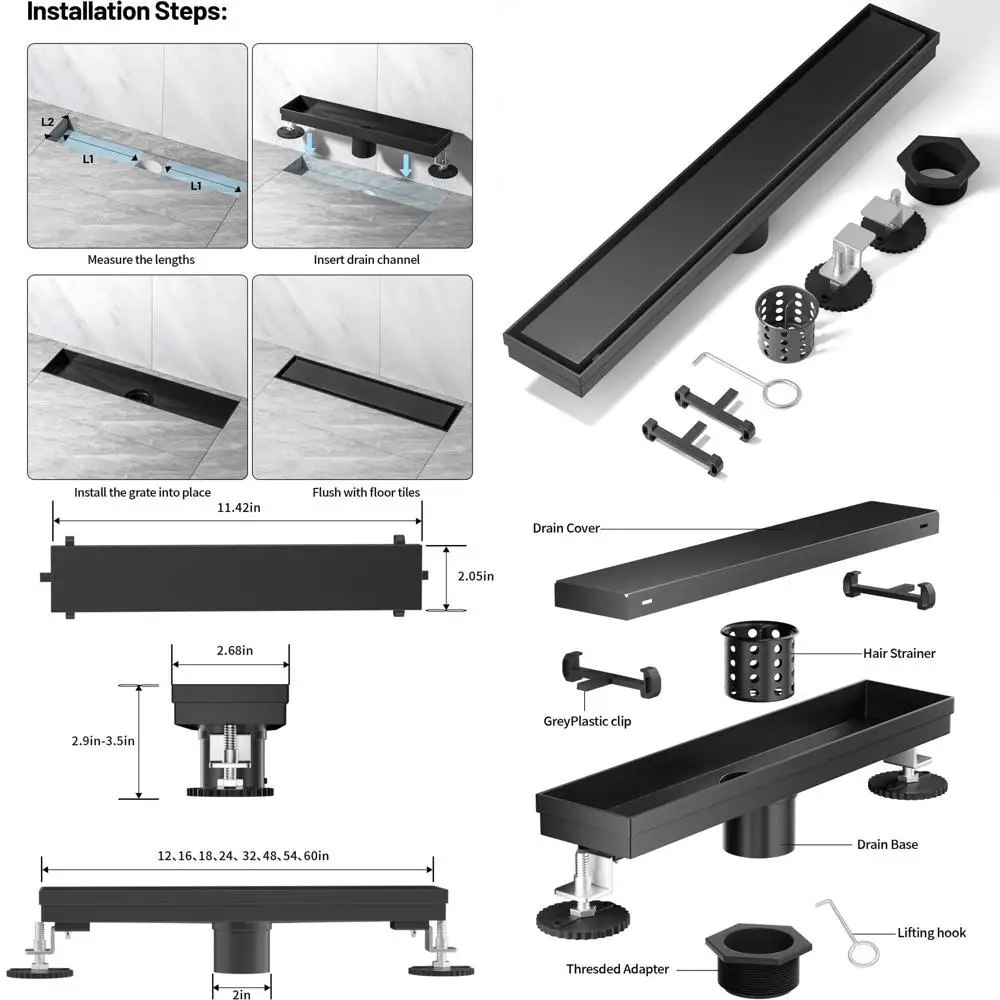 

24-Inch Black Linear Shower Drain with 304 Stainless Steel, Adjustable Feet, and Hair Strainer for Invisible Floor Installation