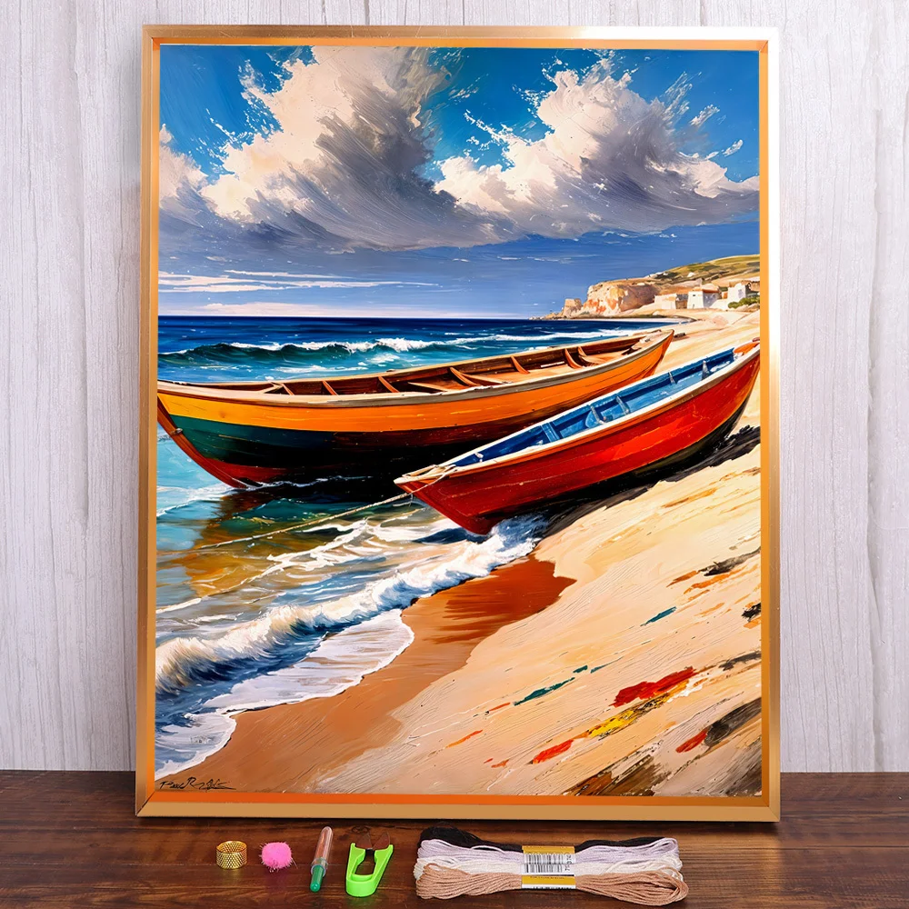 

Seaside Boat Printed Fabric 11CT Cross-Stitch Kit DIY Embroidery Needlework Knitting Craft Painting Stamped Different Counted