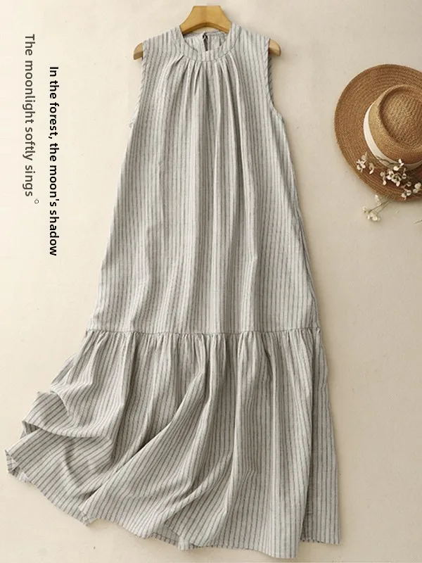 Color Woven Cotton Linen Vest Skirt Dress with Vertical Stripes Back Neck Split Small Collar Fish Tail Swing Summer Dress
