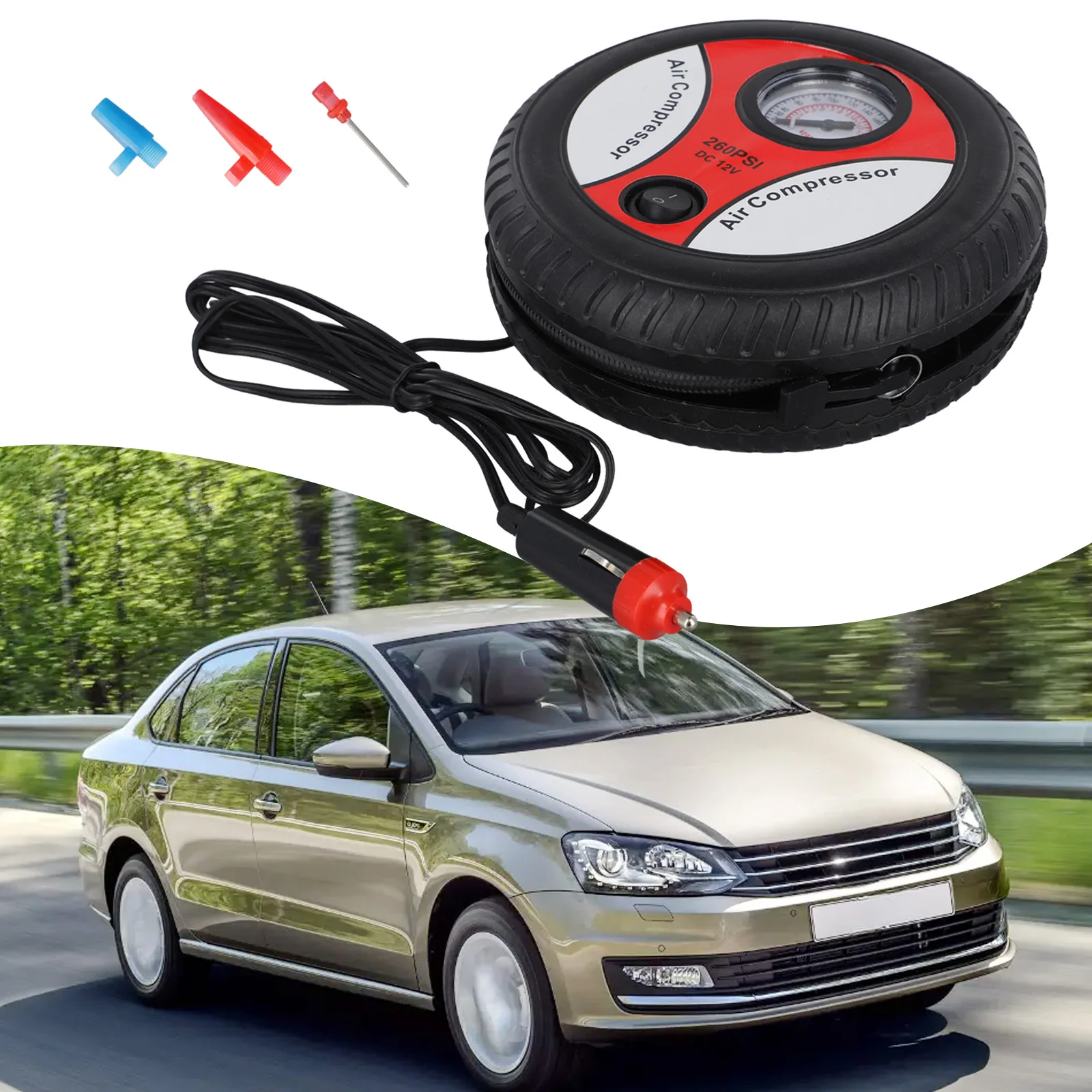 

1x12 В портативный воздушный компрессор 260 фунтов на квадратный дюйм, надувной насос для шин, подходит для накачивания автомобильных шин/шариков/резиновых поплавков/надувных изделий