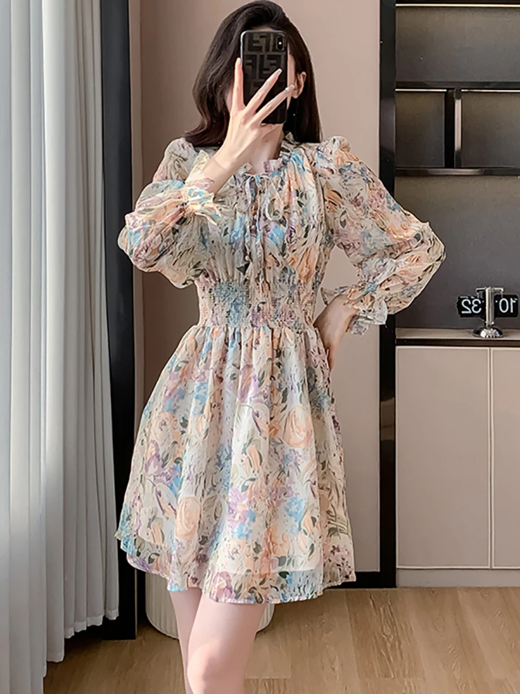 

2024 Spring Pink Floral Chiffon Chic Bow Ruffled Collar Mini Dress Korean Fashion Elegant Birthday Dress Women Bodycon Vestidos