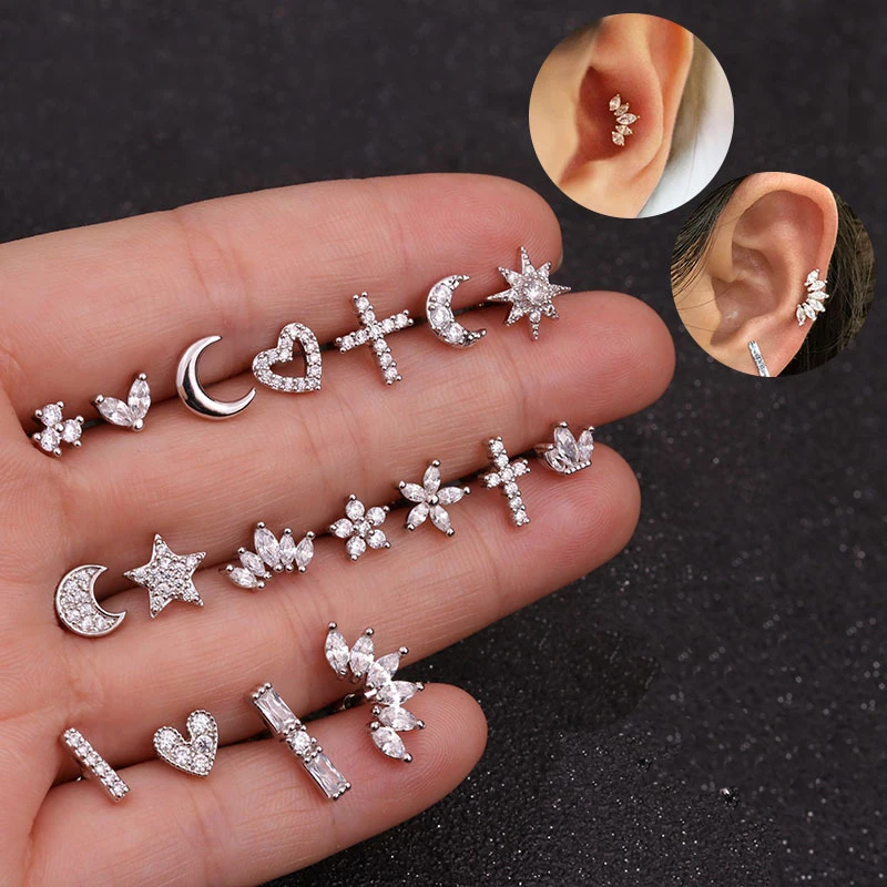 1PC Helix Piercing Stud Earrings For Women Conch Flat Ear Lobe Piercings Cartilage Tragus Stainless Steel Body Jewelry Girl Gift