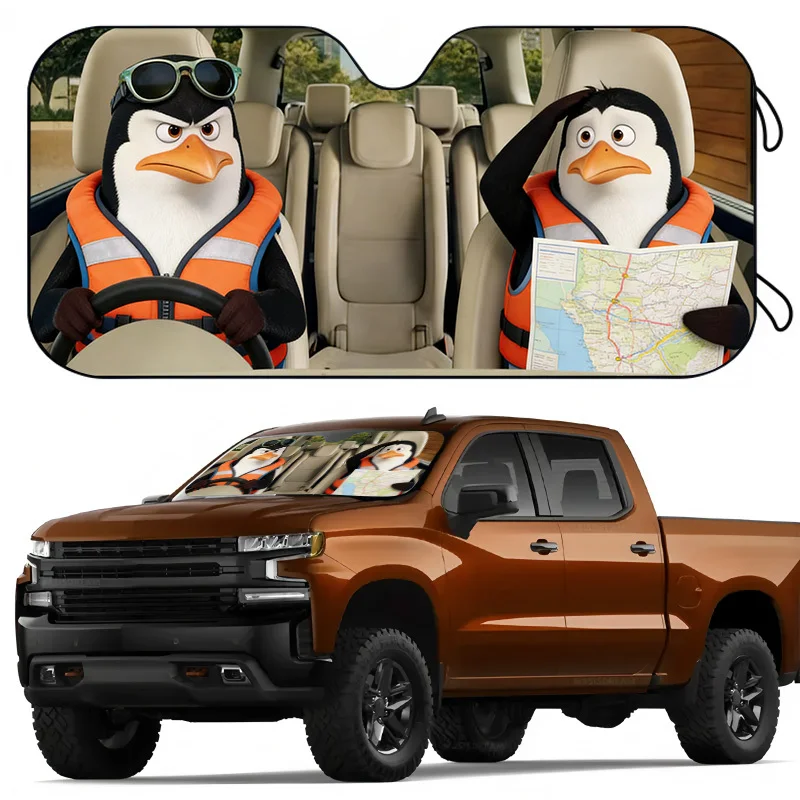 Cute Penguin Cartoon Image Car Sun Visor, Foldable Storage, Effective Sun Protection, Help Keep the Car Cool Suitable