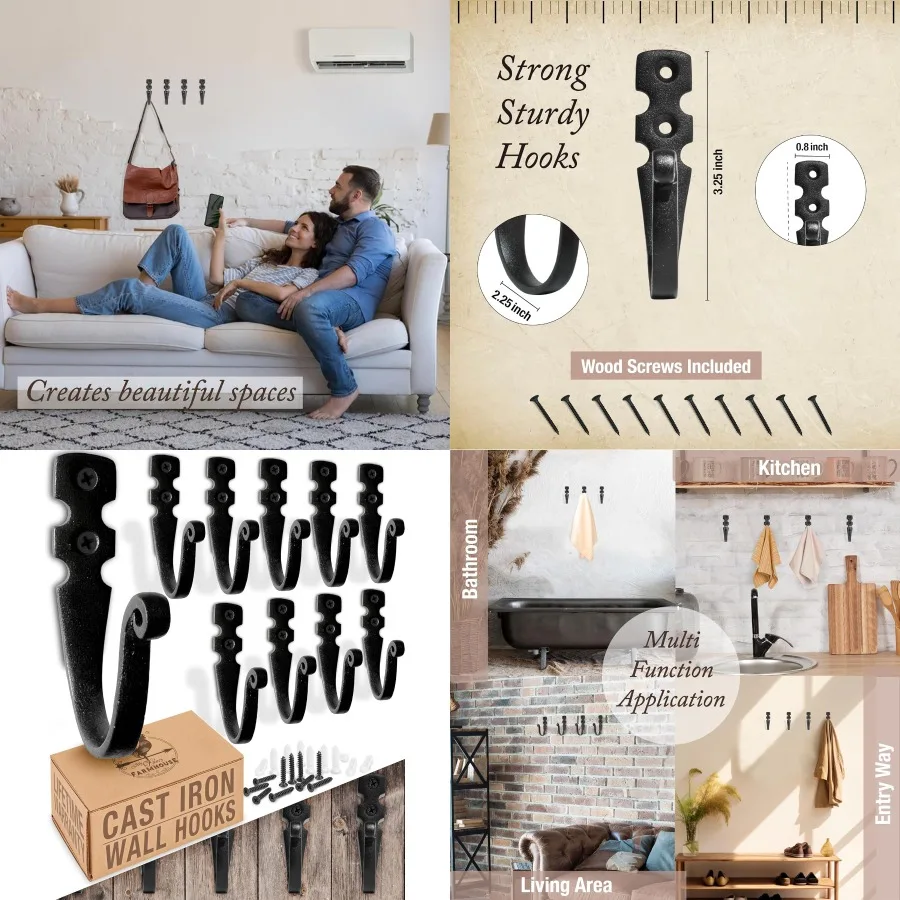 

Cast Iron Wall Hooks 10 Pack Handmade Blacksmith Wall Mounted J Hooks Farmhouse Decorative Vintage Hooks for Hanging Coats Bags