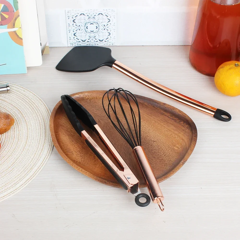 Rose Gold Silicone Cooking Utensils 3 Pc Kitchen Utensil Set Easy to Clean for Nonstick Cookware Gadgets Set-Whisk Tong Turner
