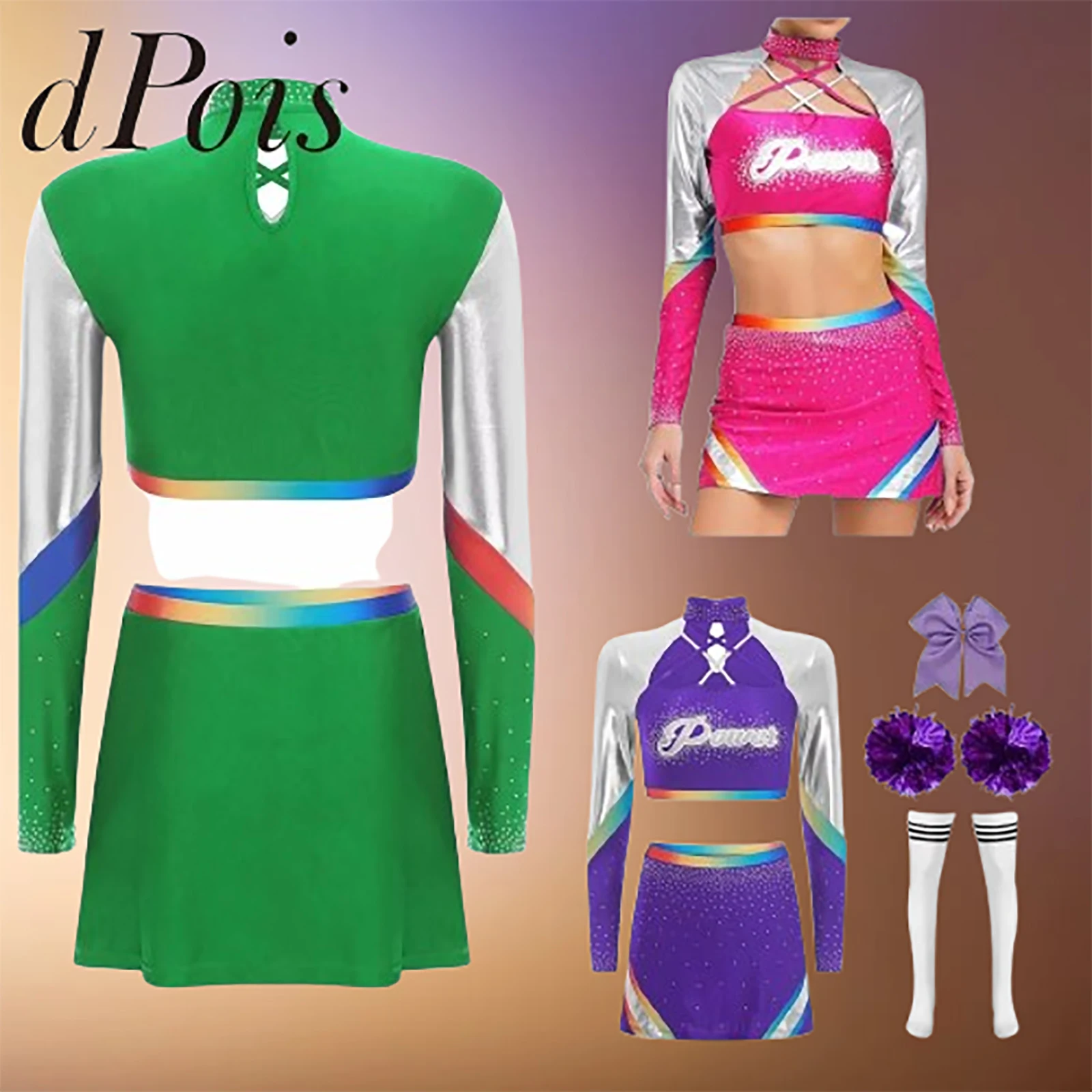 Women Cheerleading Dancewear Uniform Cheering Set Cheerleader Costume with Headband Flower Balls Socks Adults Cheer Dance Outfit