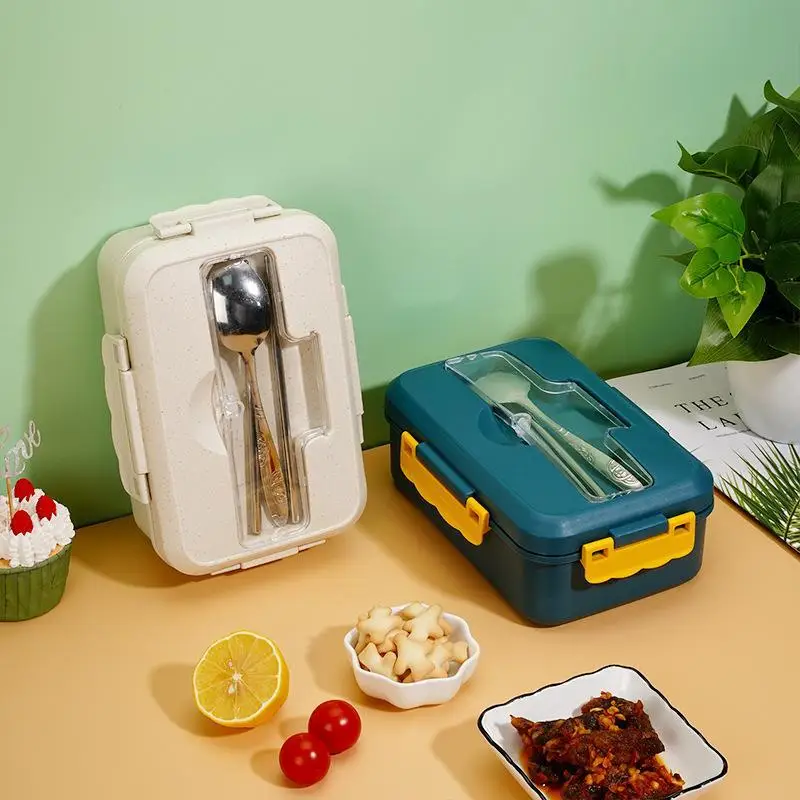 Portable Plastic Lunch Box Microwave Safe with Spoon Chopsticks Reusable Food Container for Kids School Meals