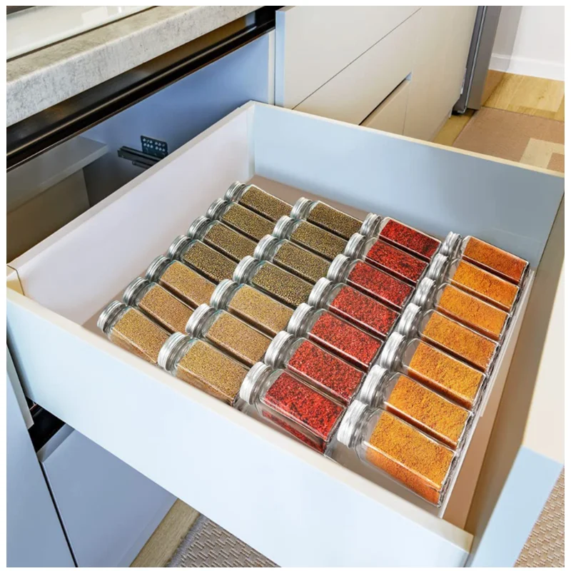 Space-saving Adjustable Acrylic Spice Storage Racks Drawer Organizer Kitchen Clear Organize and Display Spices and Seasonings