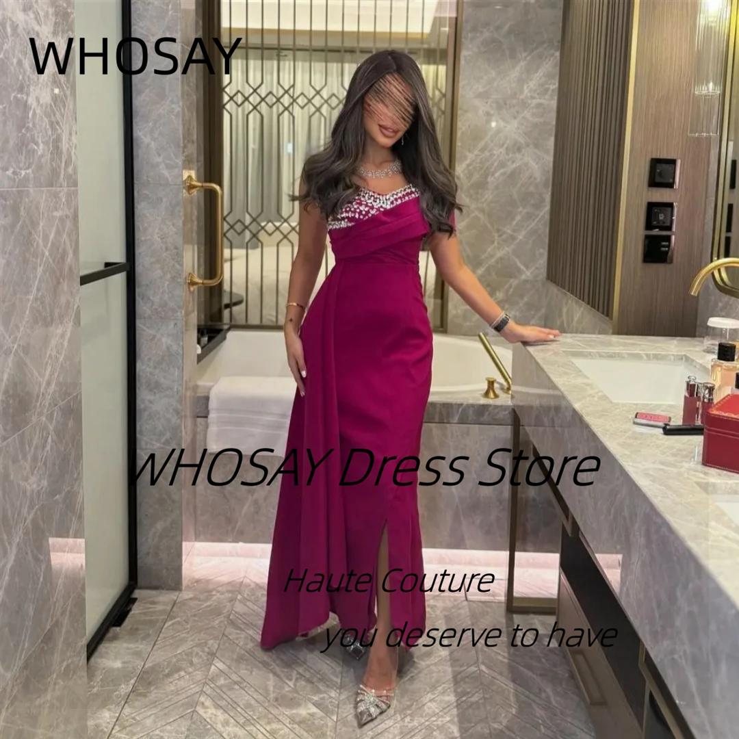 

WHOSAY Customized Crystals One Shoulder Prom Dresses with Flutters Side Slit Evening Gowns Saudi Arabia Party Dress