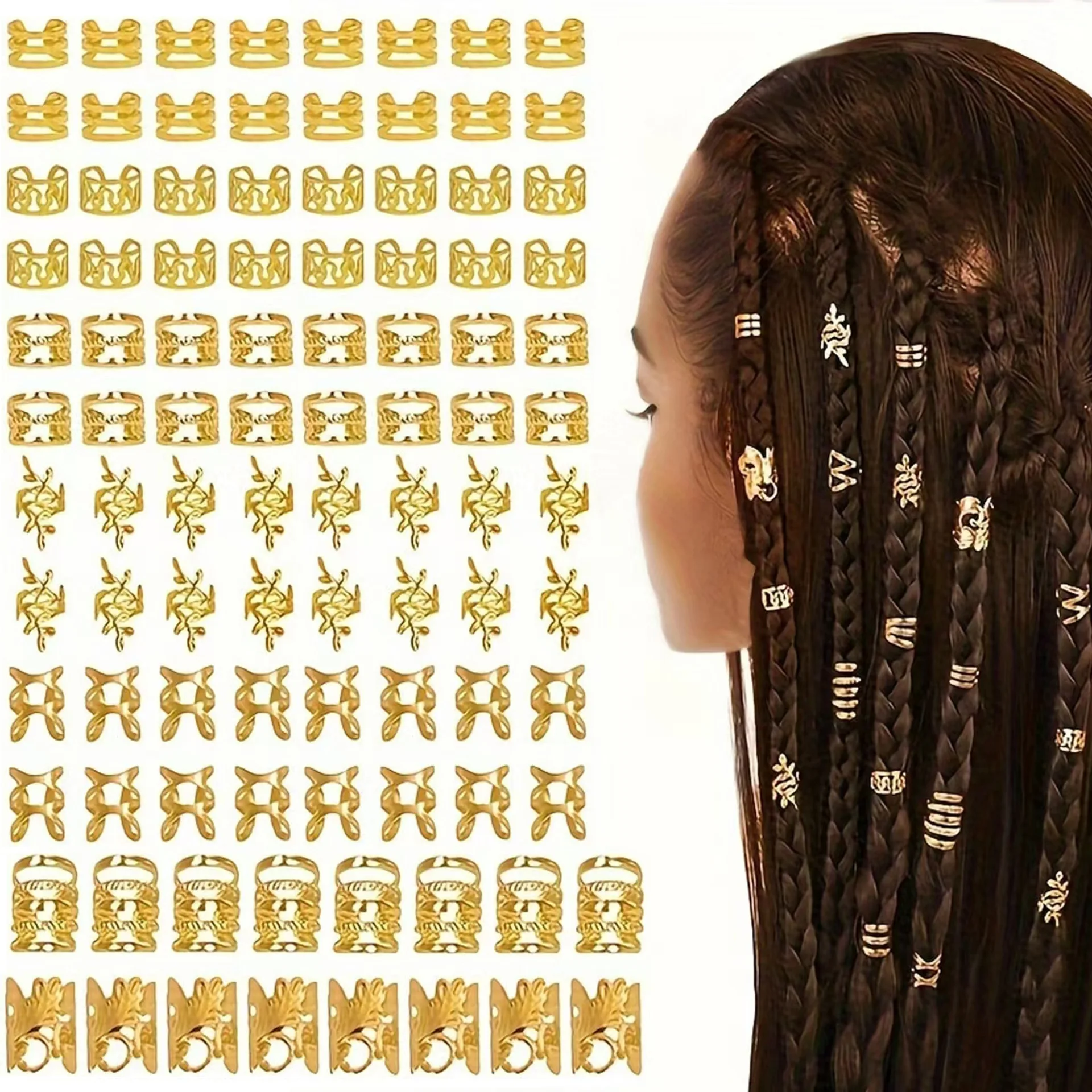 

Premium 74 Count European American DIY Dreadlocks Hair Ring Clasp Set with Electroplated Hollow Charm for Wig