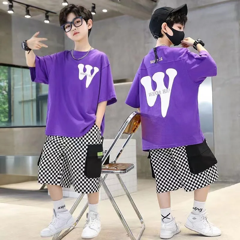 2026 Summer Boys Cotton Alphabet Short-Sleeved T-Shirt Tops+Plaid Short Pant Suit School Kids Tracksuit Child 2PCS Outfit