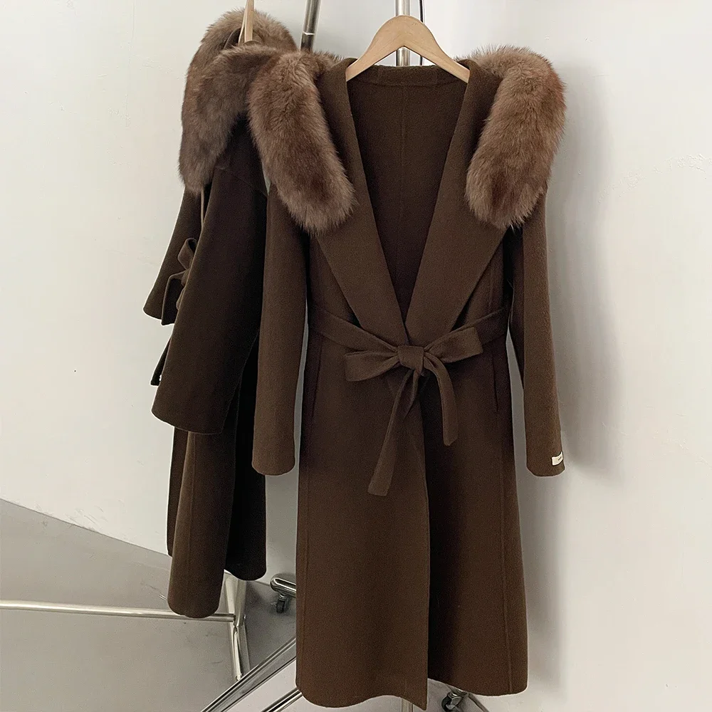 OFTBUY Kapuzenmantel mit Gürtel aus Naturfell und Wolle, langer Damen-Wollmantel mit echtem Fuchsfell, neuer Winter-Wollmantel für Damen – Detail 10