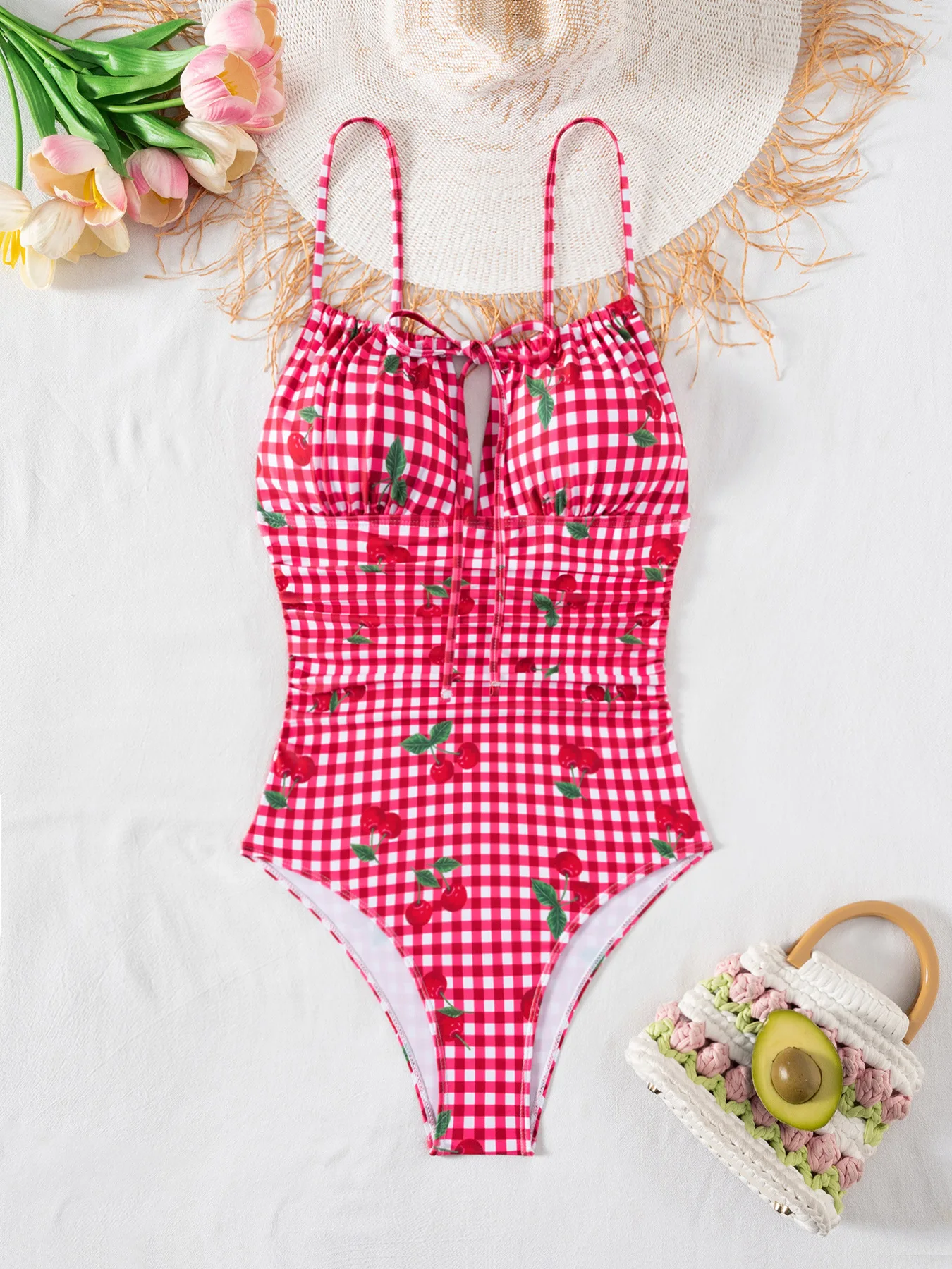 2026 Cherry Print Modest One Piece Swimsuit Women Tummy Control Ruched Push Up Triangle Monokini Beach Vacation Summer Bodysuit