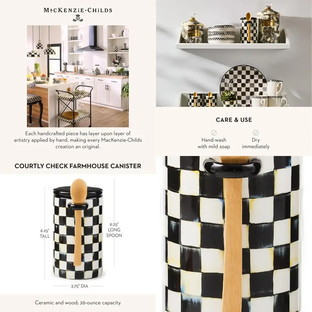 

Кухонная канистра для хранения с крышкой и ложкой, черно-белая клетчатая конструкция