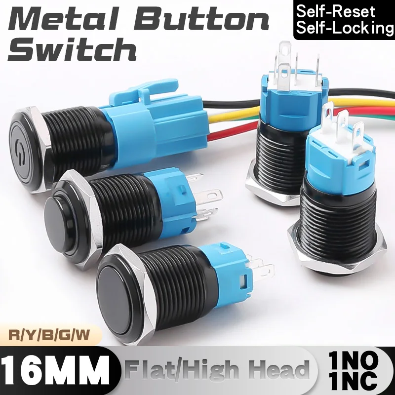 16mm Metal Button Switch Oxidized Black Shell High Head Latching Momentary With Lights 1NO1NC Waterproof Switch