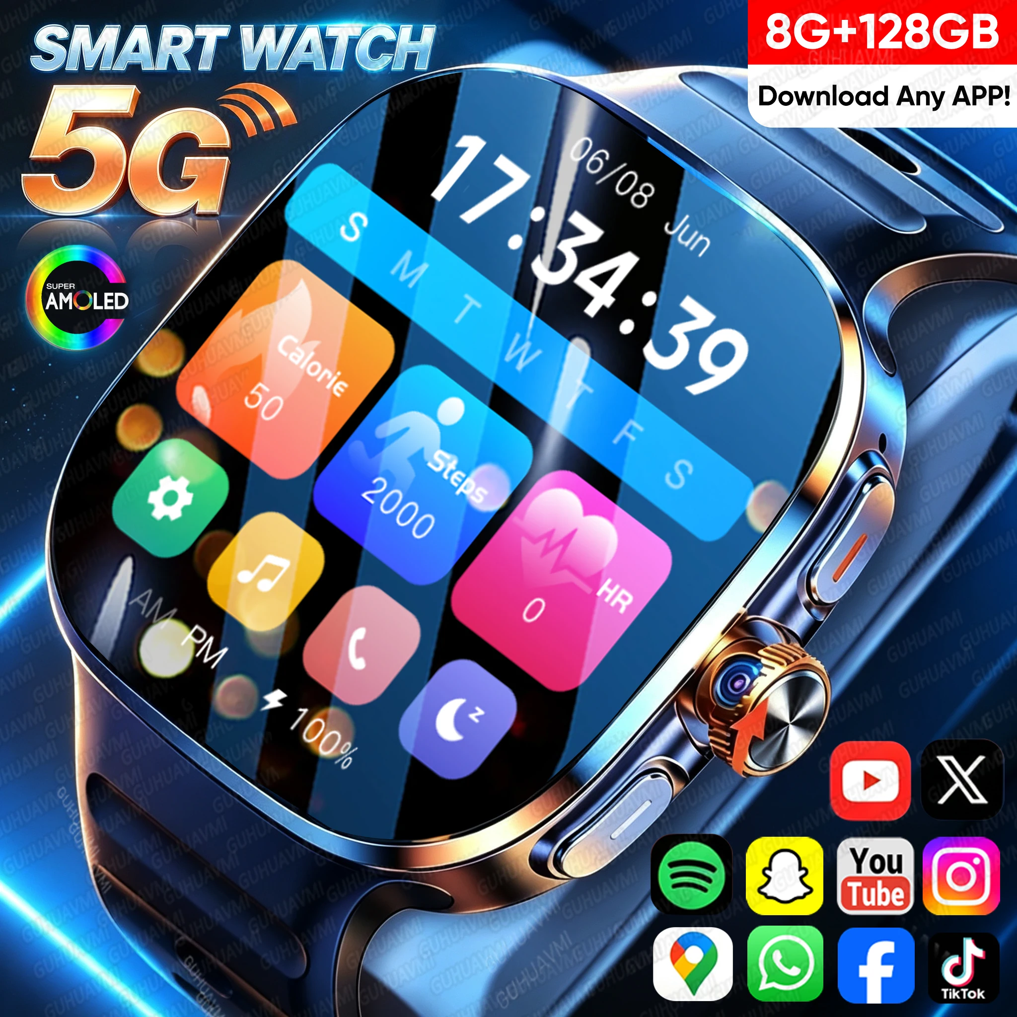 5G/4G SIM Card 8GB+128GB Android SmartWatch 2.4 inch AMOLED 2100mah Battery 900W Camera GPS WIFI Google APPS Download Smartwatch