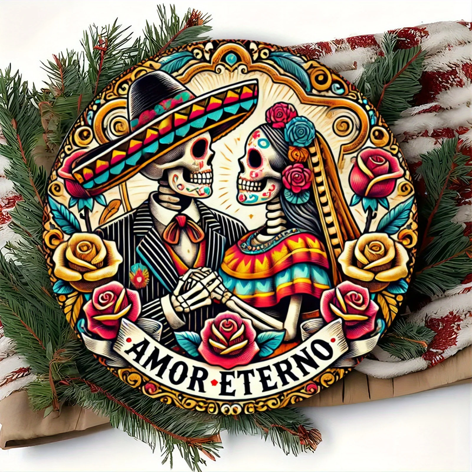 2D Flat - Day of The Dead Skull Wreath Wall Decoration Sign. 8X8 Inches (20X20 Cm), 2D Round Aluminum Sign for Festive Decor, Su