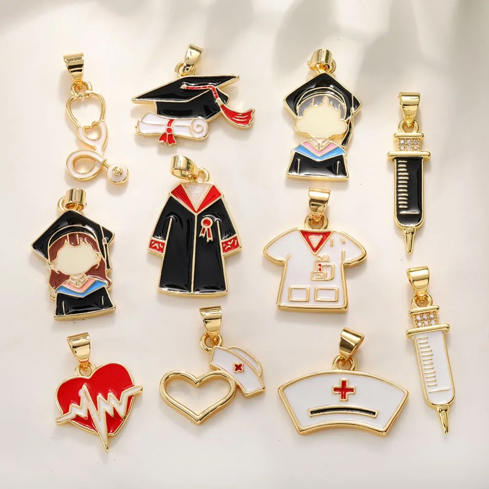 Graduation Medical Theme Enamel Charms Gold Plated Pendant DIY Jewelry Making Keychain Sew on Cloth Decor Home Craft Accessories