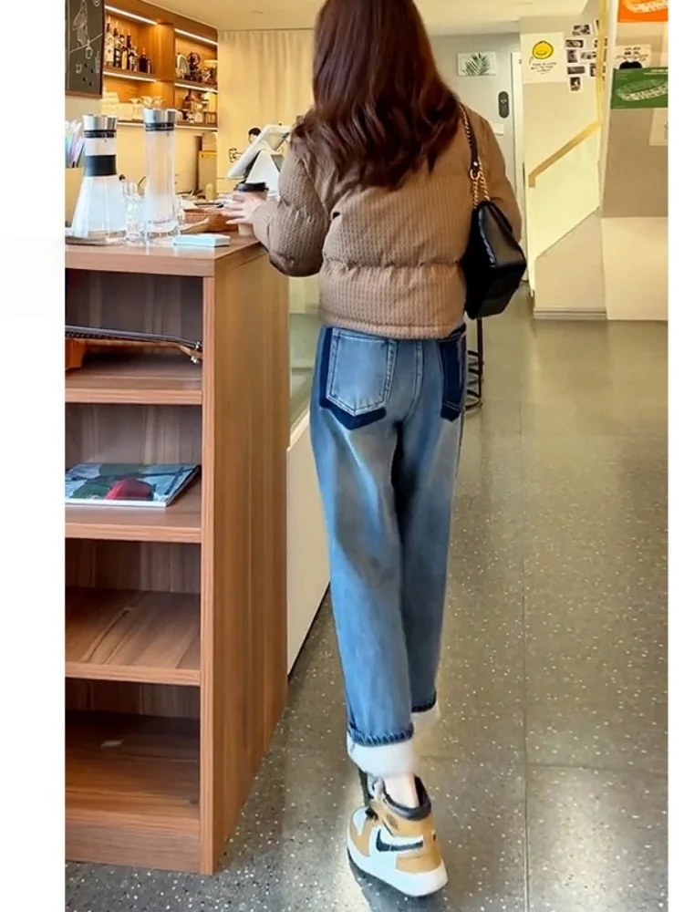 

Джинсовые джинсы с подкладкой Thi в стиле ретро, женские осенне-зимние новые брюки больших размеров для похудения, прямые свободные брюки для папы