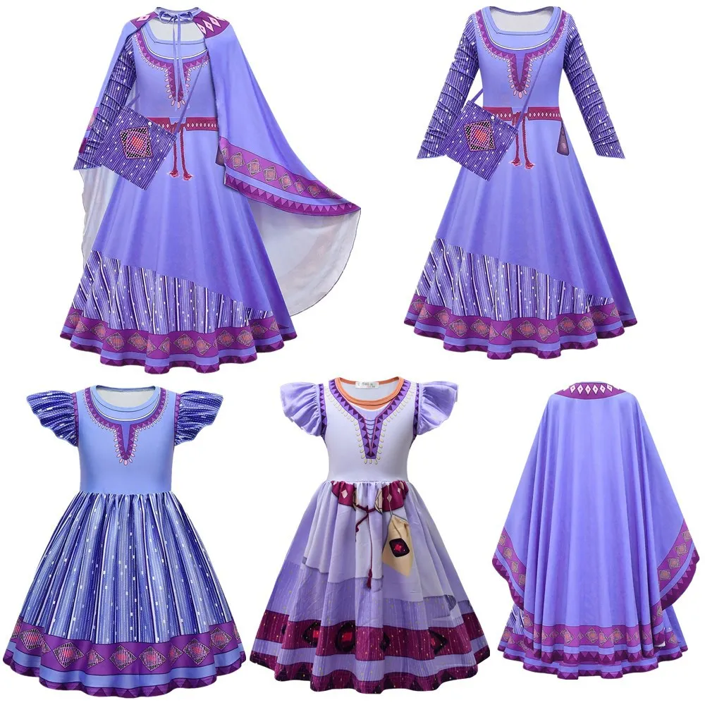 

Movie Wish Asha Costume for Kids Girl Halloween Party Purple Dresses Flying Sleeve Vestido Outifit Children Princess Dresses