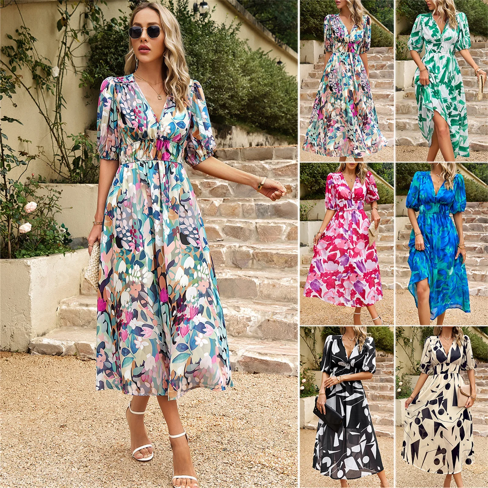 High Quality Luxury Design Dress 2024 Elegant Waist Cinching V-neck Printed Elastic Waist Maxi Sexy Dress Women Clothing Vestido