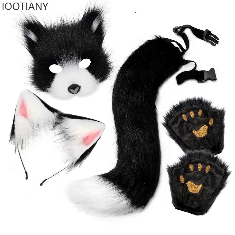 Kawaii lolita 4 peças de pelúcia animal raposa máscara com orelhas bandana e cauda conjunto anime convenção festa cosplay acessórios adereços