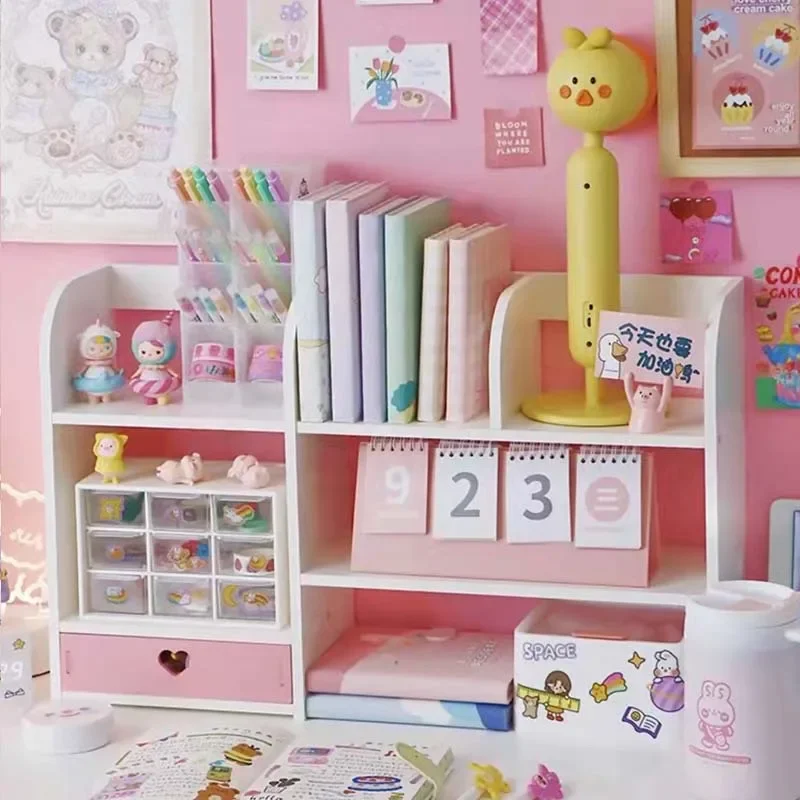 Desk Bookshelf Shelf Girl Heart Cabinet Desktop Storage Box Dormitory Bedroomtable Shelf Home Stationery Storage Supplies