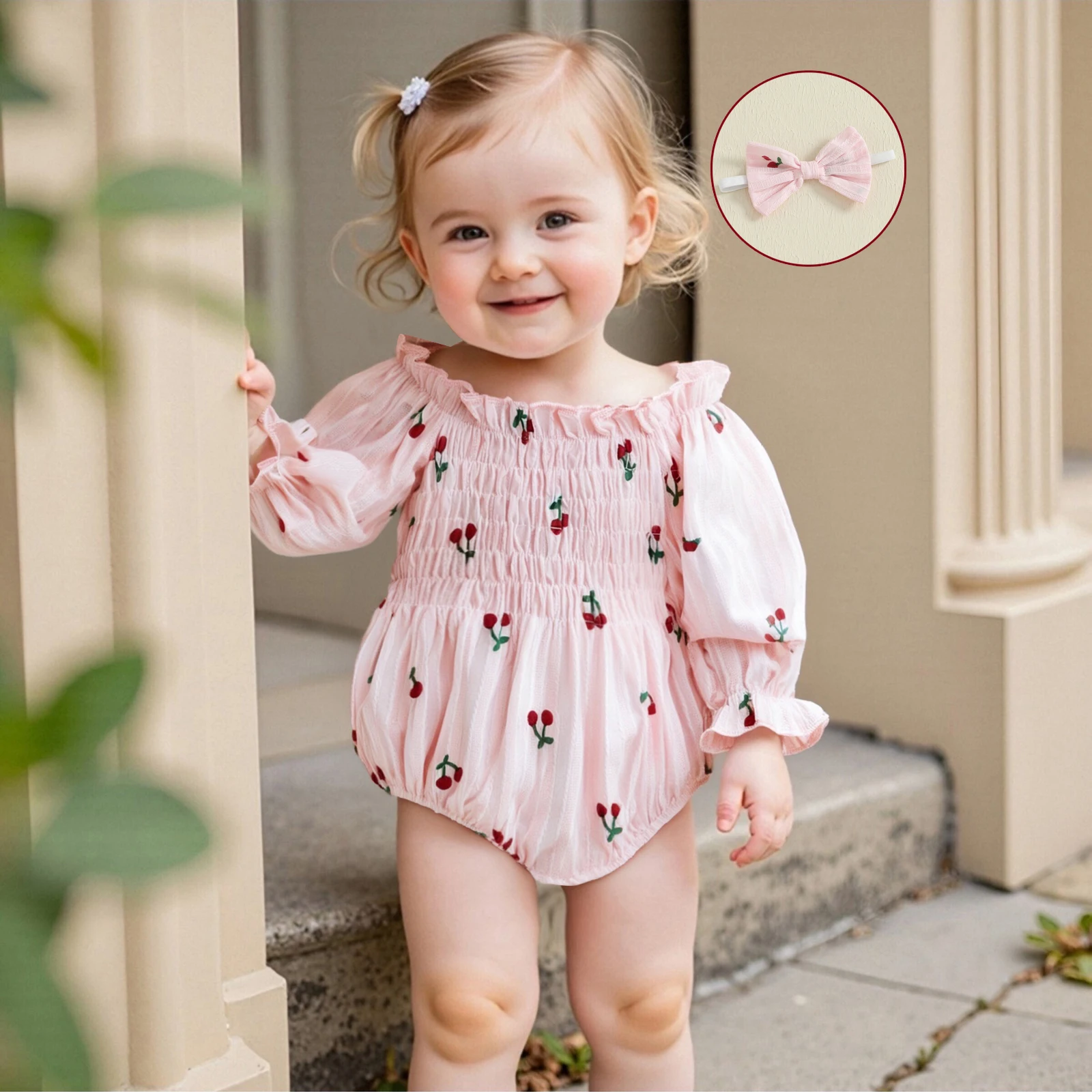 

Baby Girl Summer Outfits Long Sleeve Cherry Print Smocked Romper with Headband Set Newborn Clothes