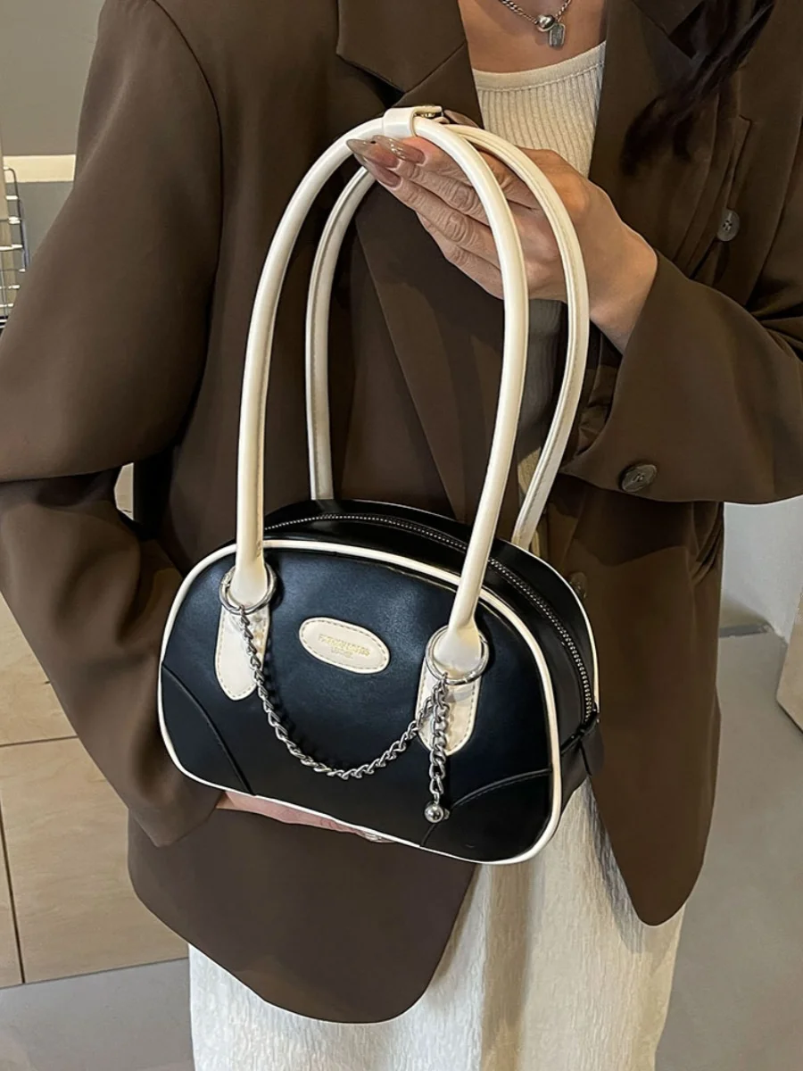 Fashion Women\'s Underarm Bag Contrast PU Chain Mini Totes Shoulder Bags 2024 Spring Summer New Korean Style Ladies Handlebags