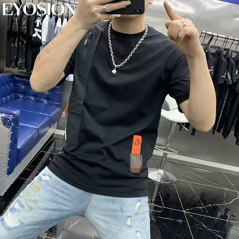 2022 Fashion Trend Men Summer New Zipper Design Round Collar Solid Pullover Tops Casual Slim Fitting Short Sleeve T-shrit Tees