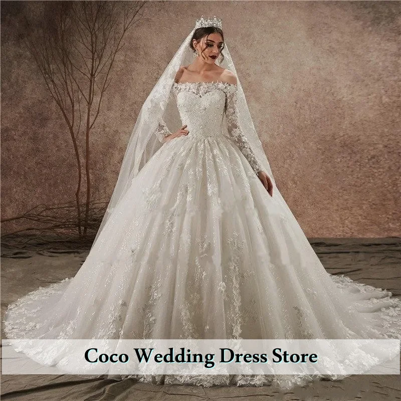 

Customized Shiny Lace Puffy Wedding Dress Off Shoulder Long Sleeves Lace-up Sequins Bridal Gowns Vestidos De Noiva