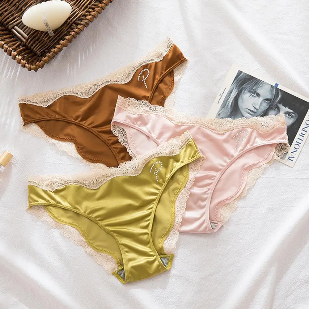 For Girls Underpants Cotton Crotch Low Waist Rhinestone Korean Underwear Lace Briefs Letter Women Satin Panties