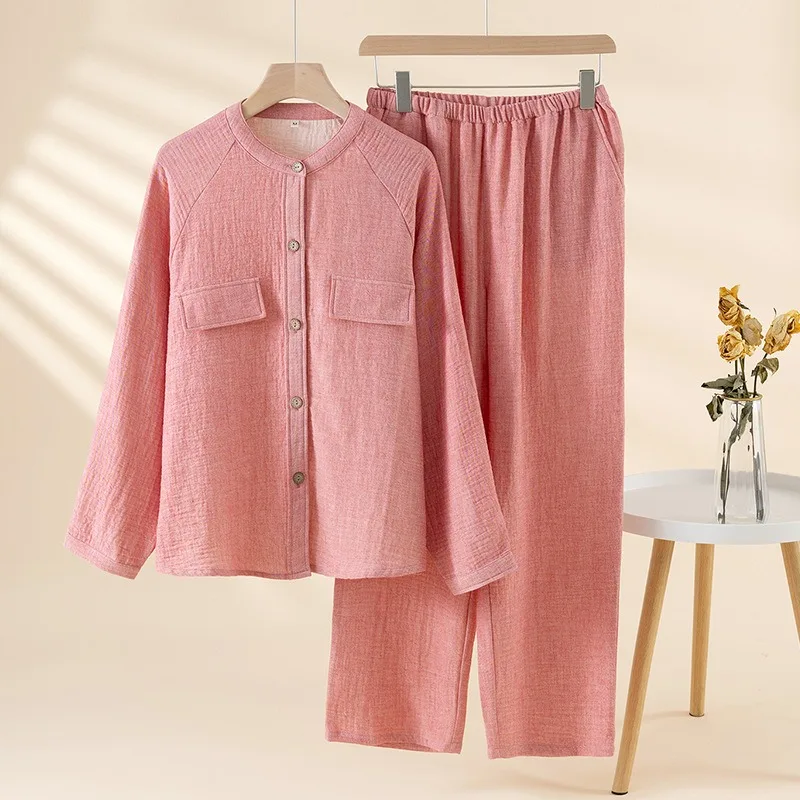 2025 Cotton and Linen Pajamas for Women Autumn Long-sleeved Trousers Loungewear Set Stand-up Collar Solid Color Pijama 2 Piece