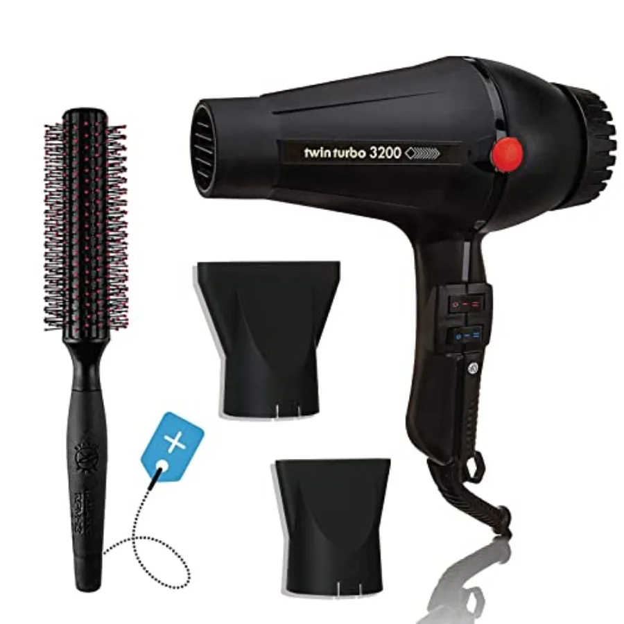 

Turbo Power 3200 Black Twin Turbo Hair Dryer with Hair Brush RPM 12 for Smooth Soft Silky Hair in Salon-Style Hair Care at Home