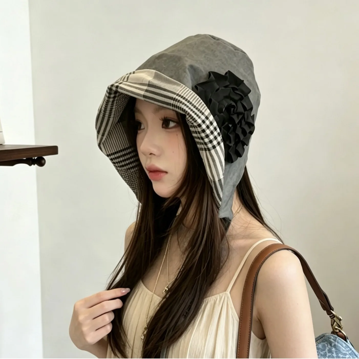 Women's Japanese Style Reversible Plaid Floral Bucket Hat Summer Wide Brim Sun Hat Lampshade Cap