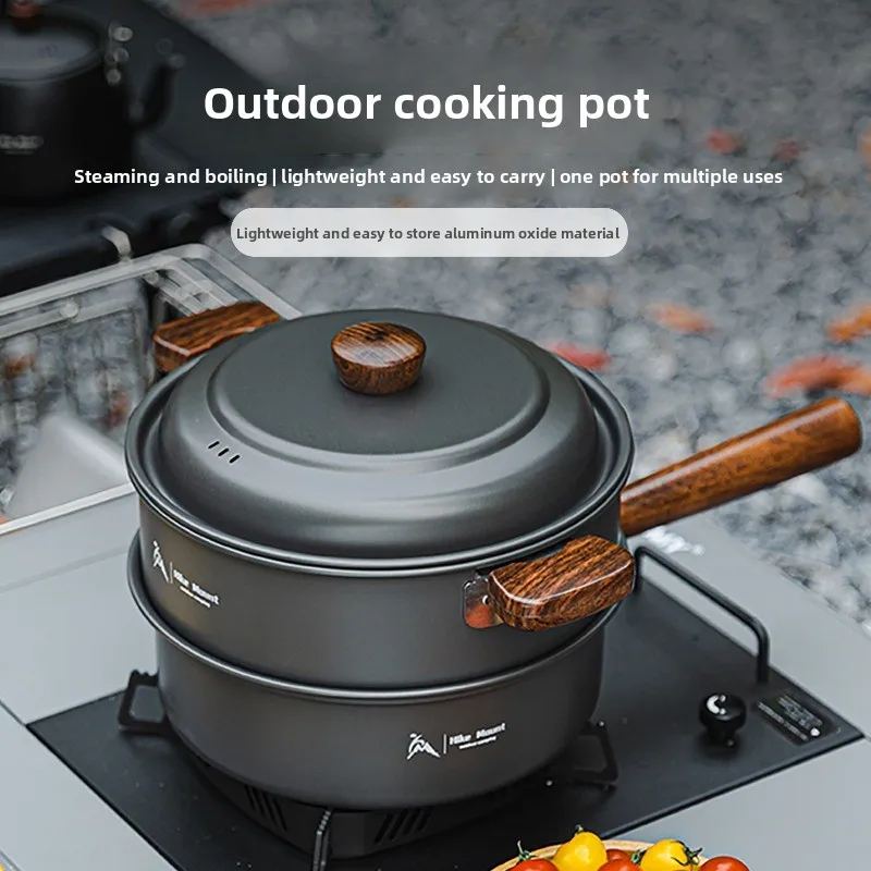 Outdoor Camping Cooking Pot Double‑Layer Steamer Aluminum Alloy Cookware Set Multi‑Function Steam Pot for Hiking Picnic Travel