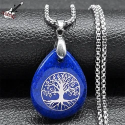 Yoga Tree of Life Necklace for Women Men Lapis Lazuli Stone Stainless Steel Silver Color Amulet Chain Jewelry collier NZZZ366-5S