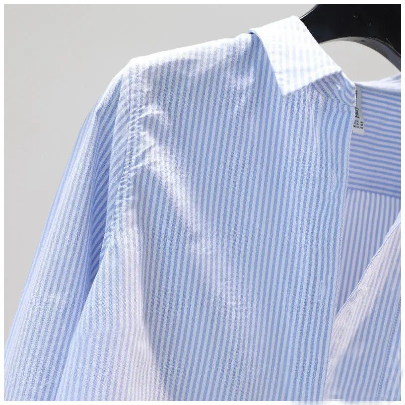 100% Pure Cotton Light Blue Vertical Stripes Shirt for Women\'s Simplicity 2024 Spring Autumn Commuting Loose Casual Trendy Top